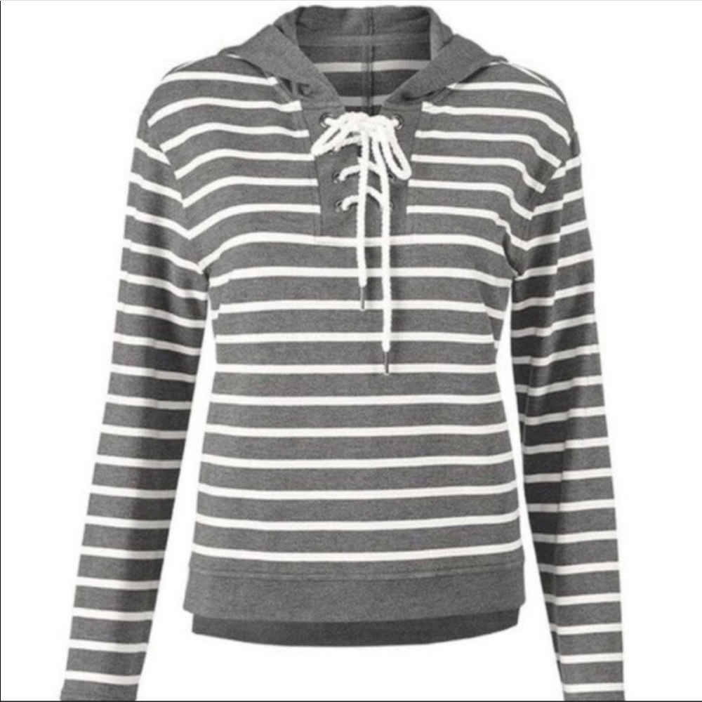CAbi Windward Striped Hooded Sweatshirt Hoodie Nautical Sailor Lace Up #5324